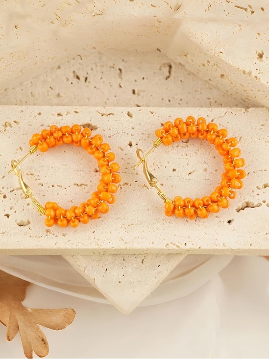 Anthropologie Jewelry - Anthropologie Bright Orange Beaded Hoop Earrings